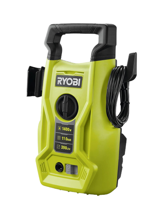 RYOBI 1400 W Elektro-Hochdruckreiniger RY110PWA, 110 bar Druck, 390 l/h Fördermenge, 40° Wassertemperatur, Aluminiumpumpe, 5m Schlauch, 5m Kabel, Reinigungsmittelflasche, Vario und Turbo-Lanze – Hochdruckreiniger von RYOBI