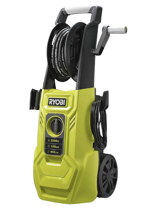 RYOBI 1800 W Elektro-Hochdruckreiniger RY150PWA (150 bar Druck, 450 l/h Fördermenge, 40° Wassertemperatur, Aluminiumpumpe, 8m stahlarmierter Schlauch, 5m Kabel, Vario und Turbo-Lanze, Flächenreiniger) – Hochdruckreiniger von RYOBI